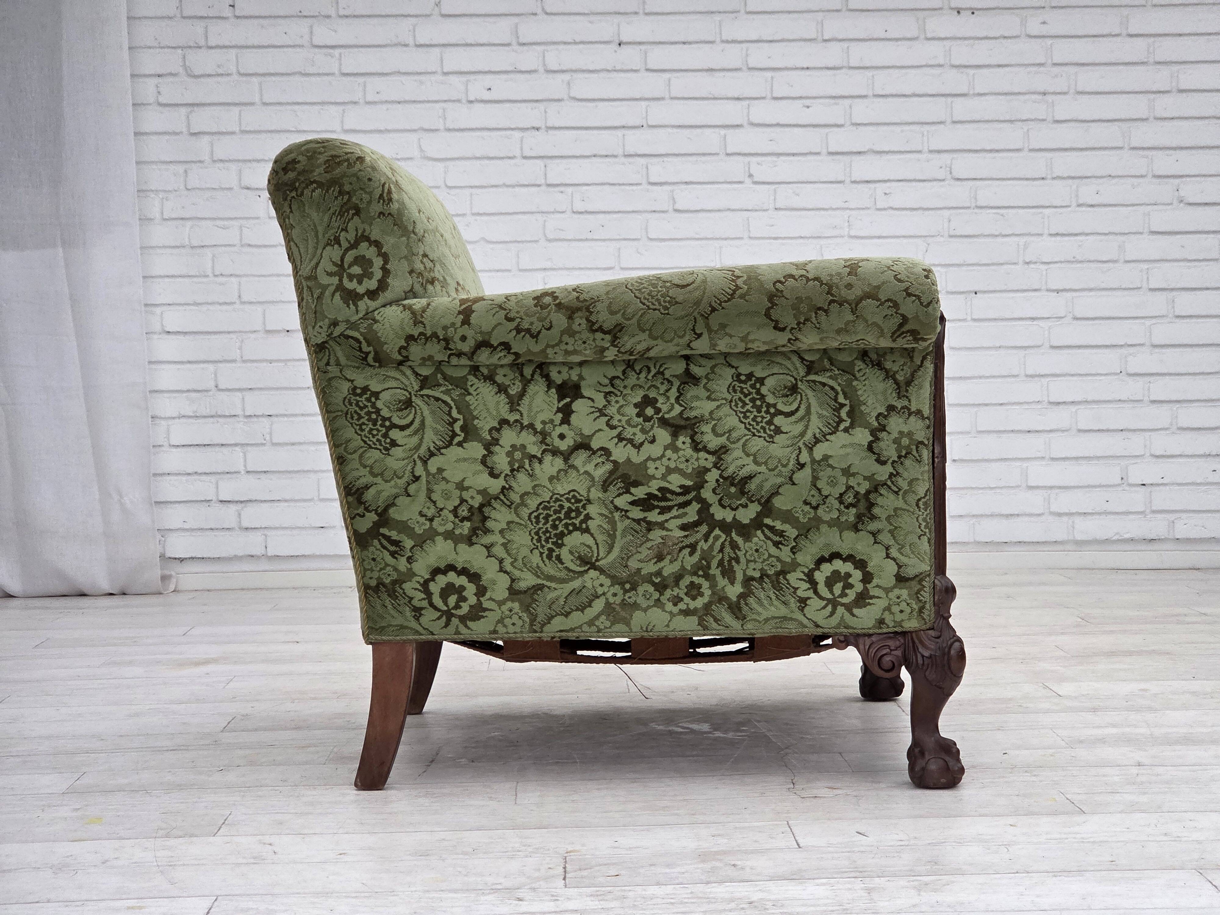 1950s, Danish armchair, green furniture velour, carved oak wood.