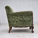 1950s, Danish armchair, green furniture velour, carved oak wood.