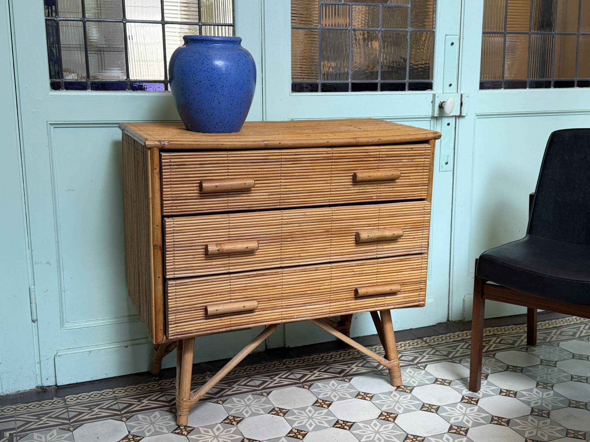 Commode 3 tiroirs bambou/rotin vintage