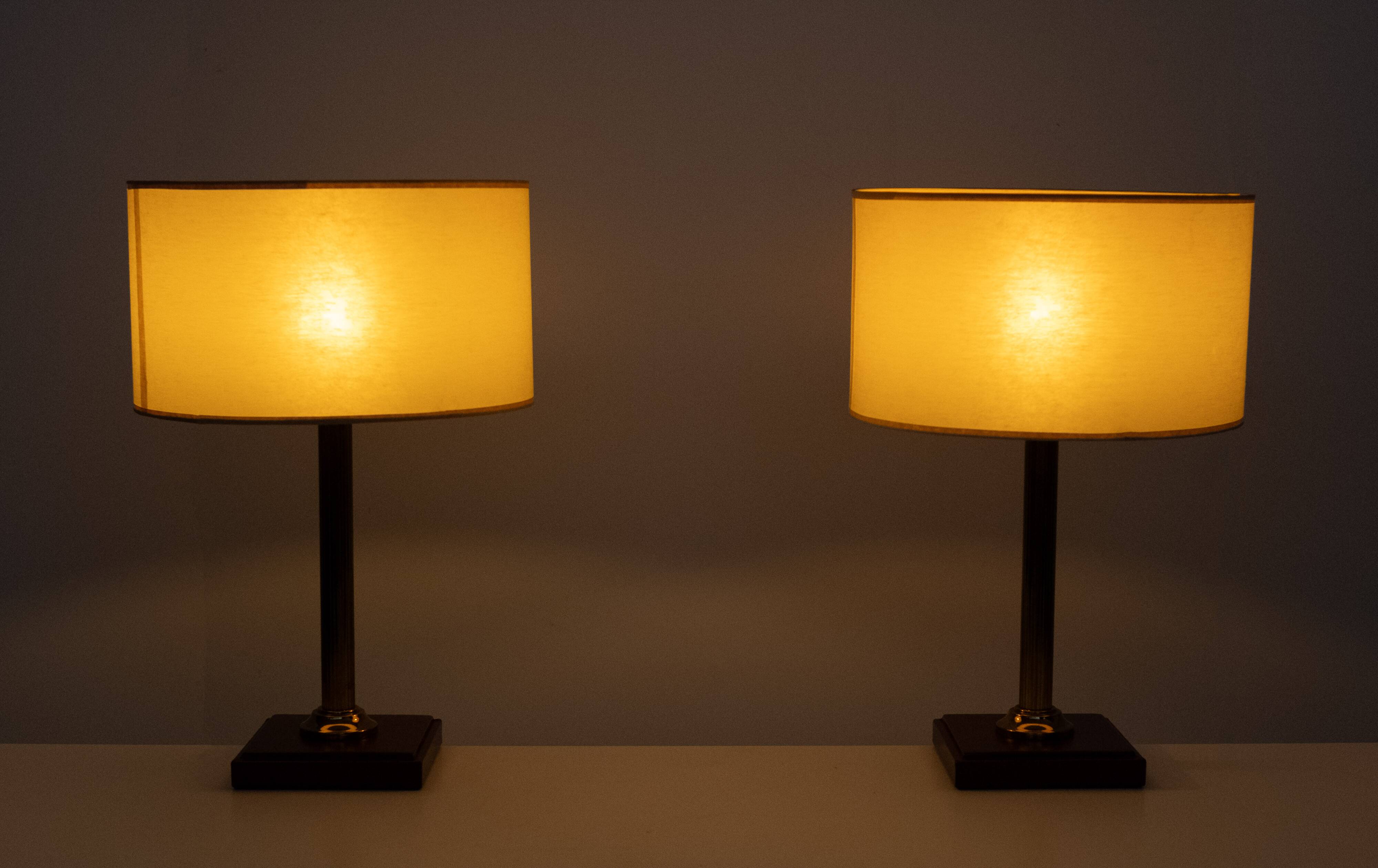 set Jacques Adnet Red Stich Leather Table lamps 1960s France