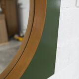 Unusual round wall mirror 60 cm teak edge on green rectangular board 1960.