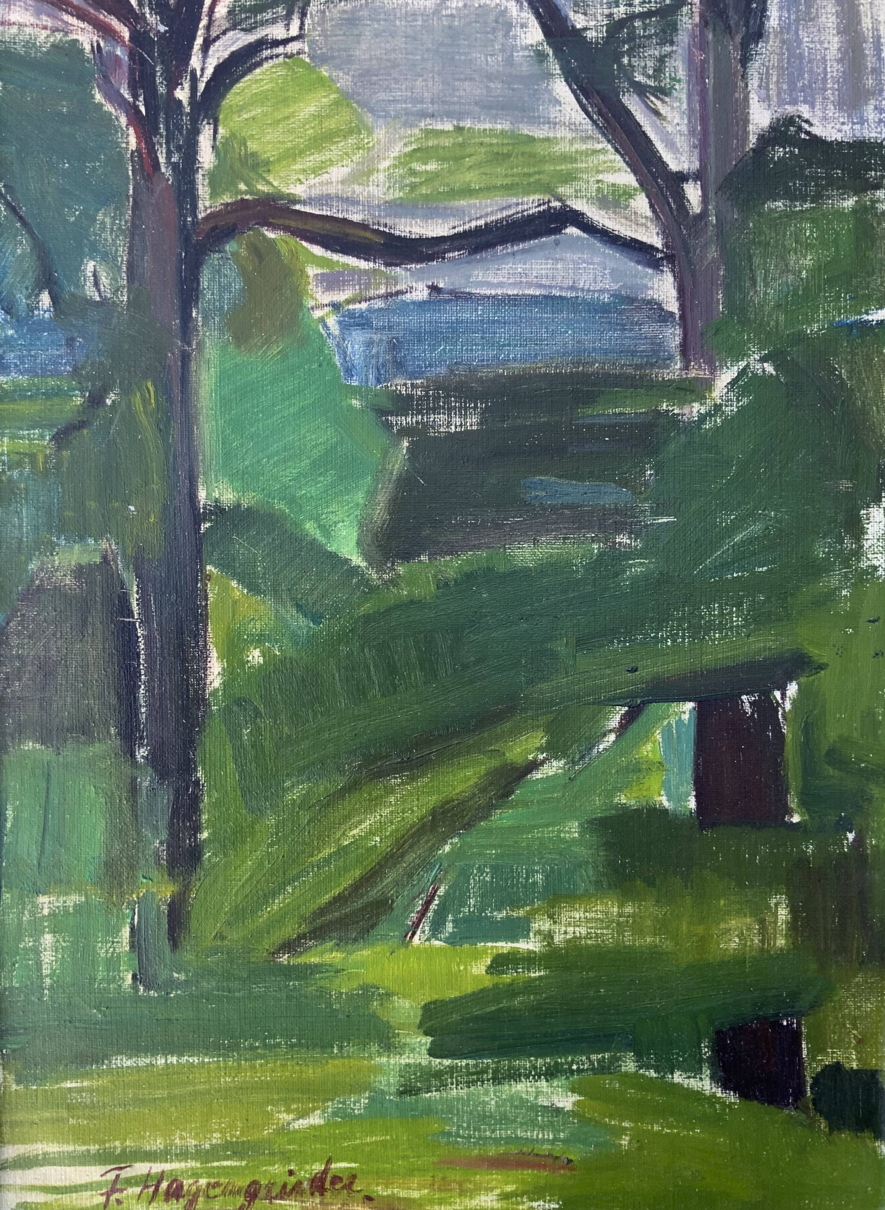 Vintage Modernists Landscape Oil on Canvas signed by F.H. 1950s