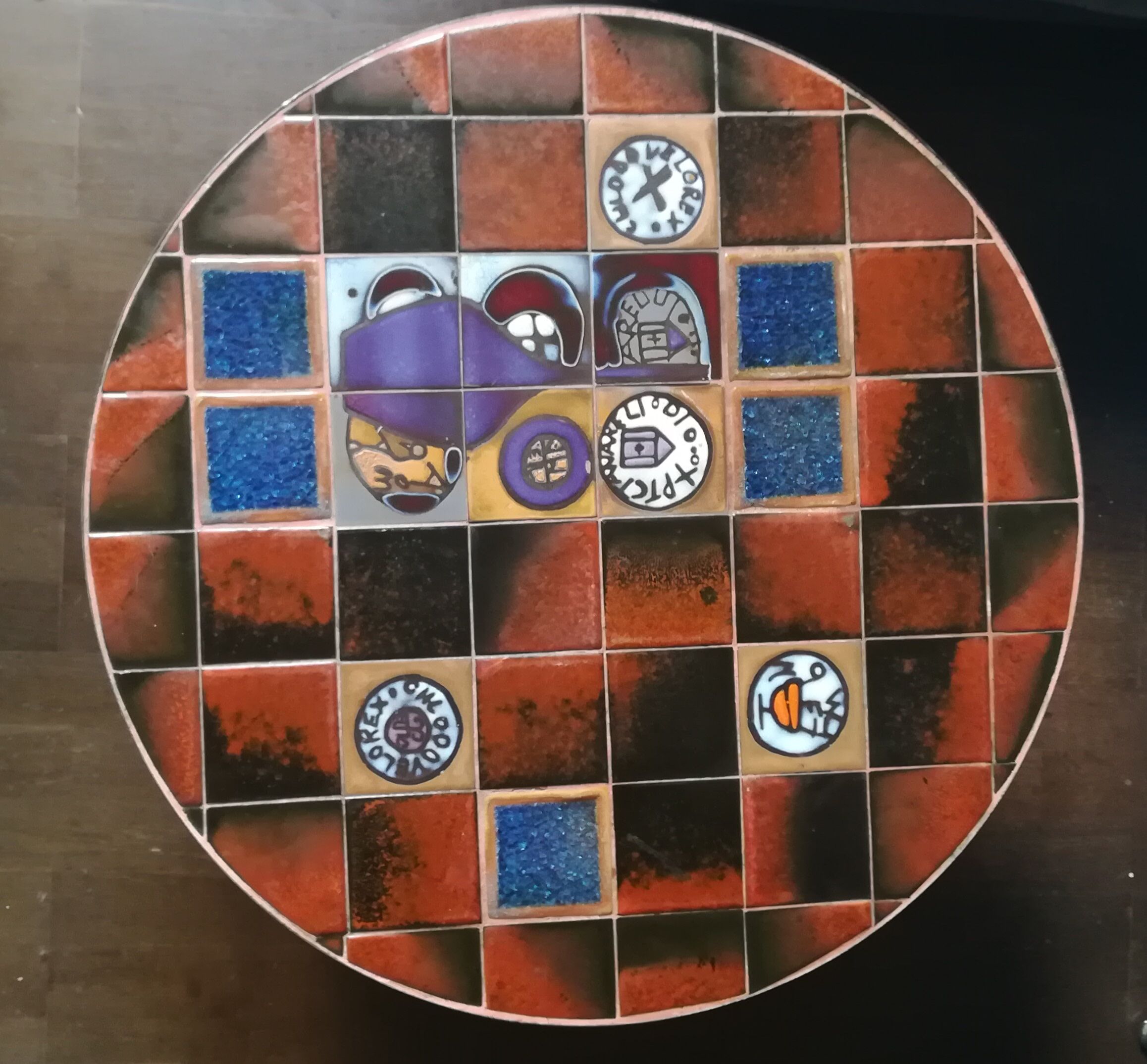 Coffee table, ceramic tray, metal feet, circa 1960