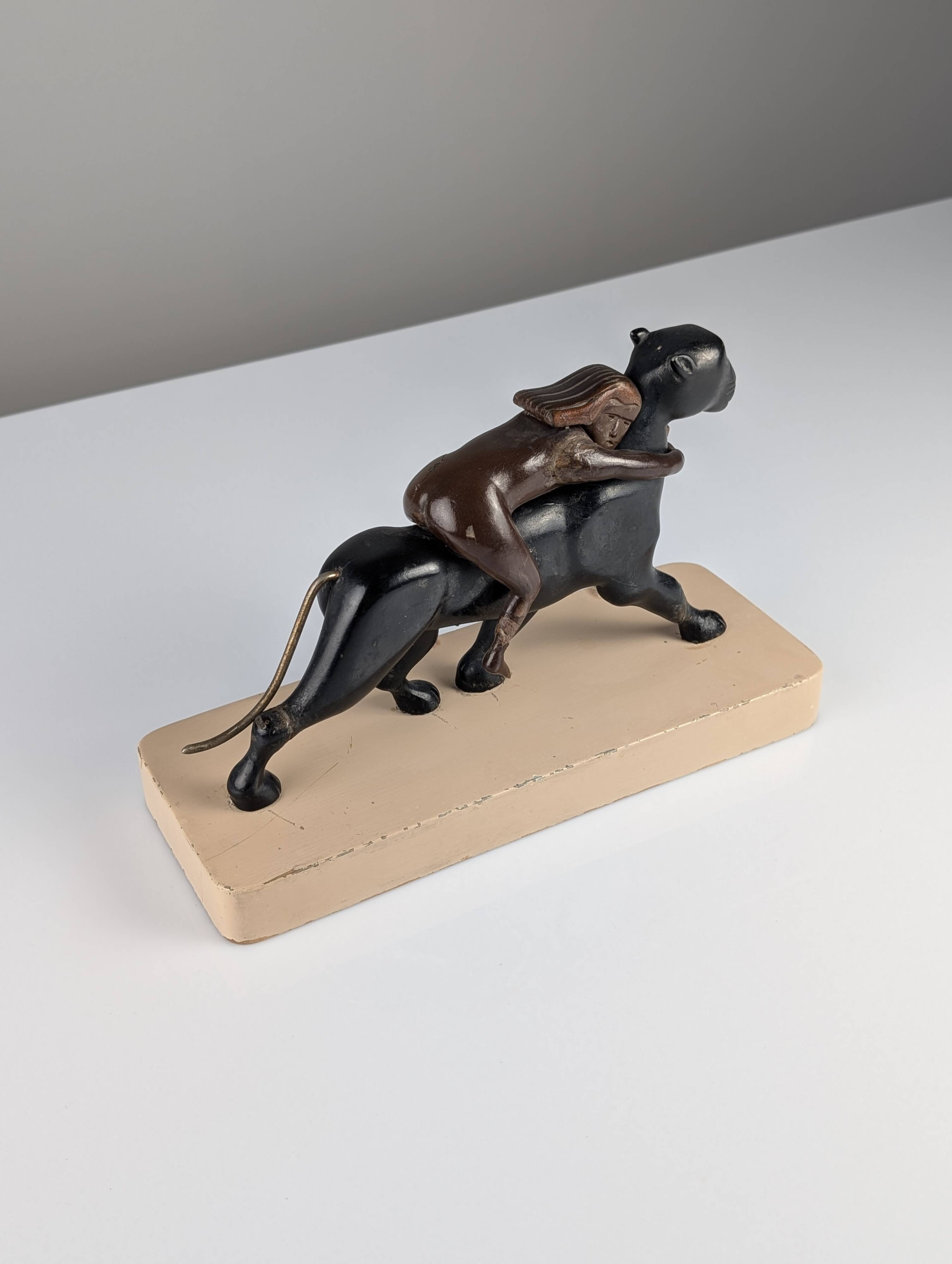 Ariadne and the Panther, Art Deco Sculpture in Wood and Brass, 1920s