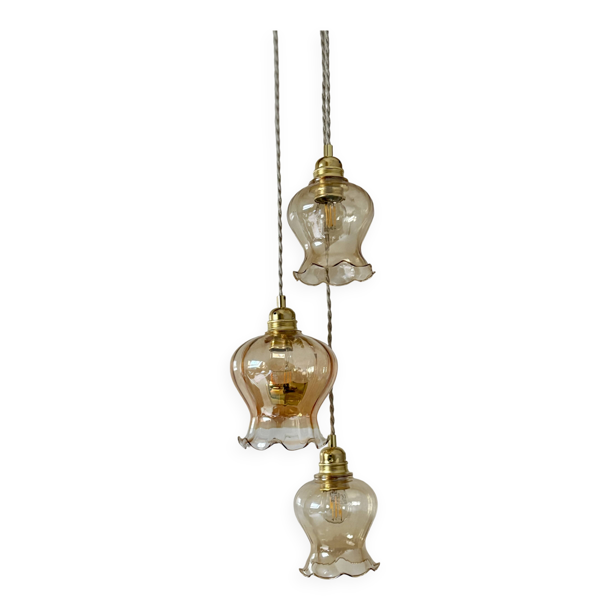 Triple vintage tulip pendant light in amber glass