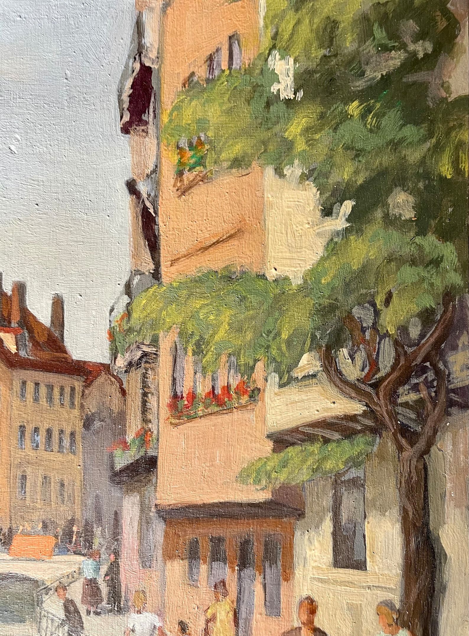 1940s French oil painting on wood. Cityscape
