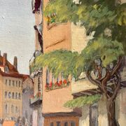 1940s French oil painting on wood. Cityscape