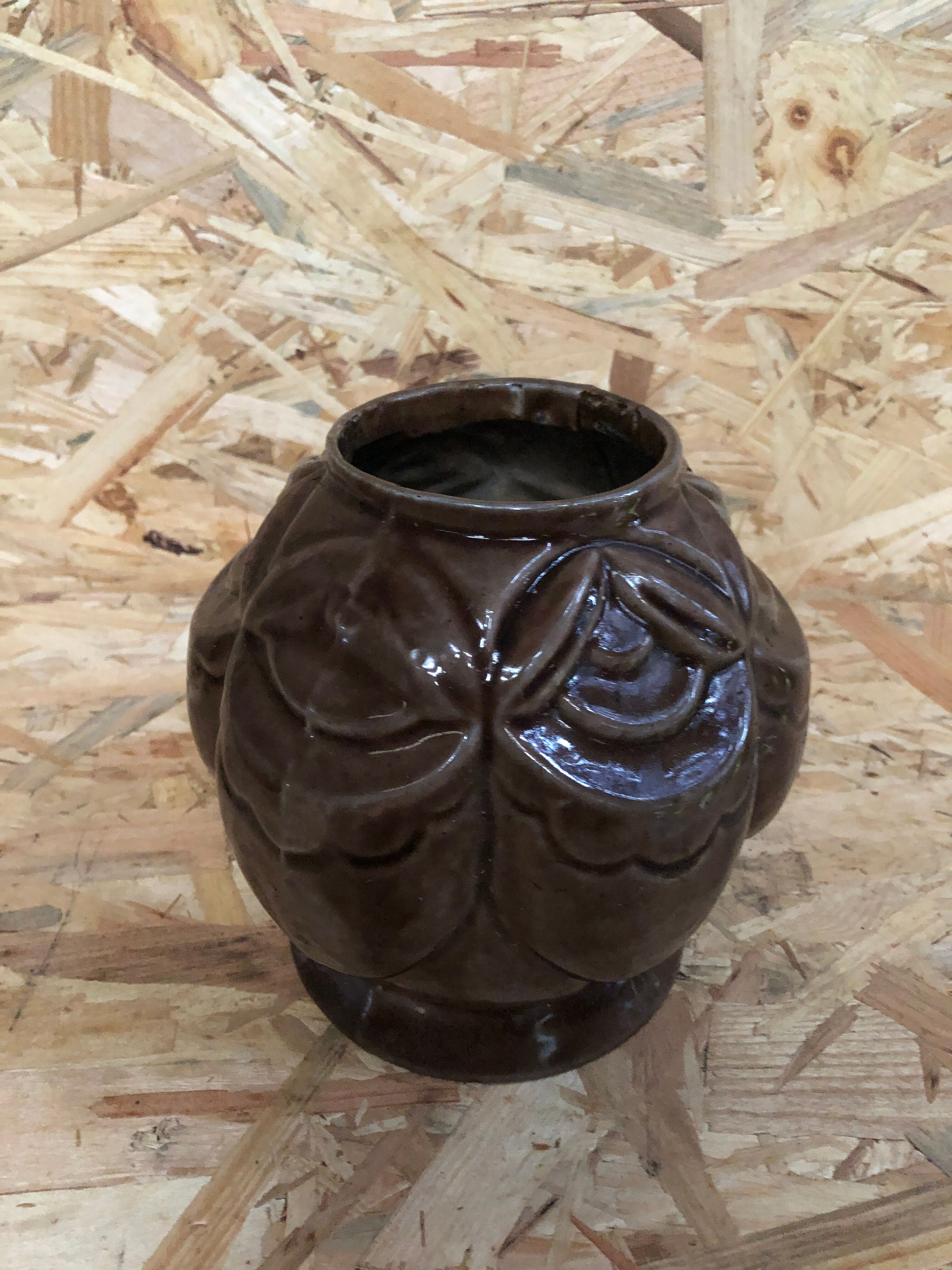 Old art deco vintage brown enameled cast iron plant pot