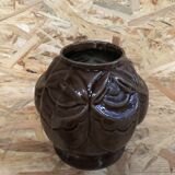Old art deco vintage brown enameled cast iron plant pot