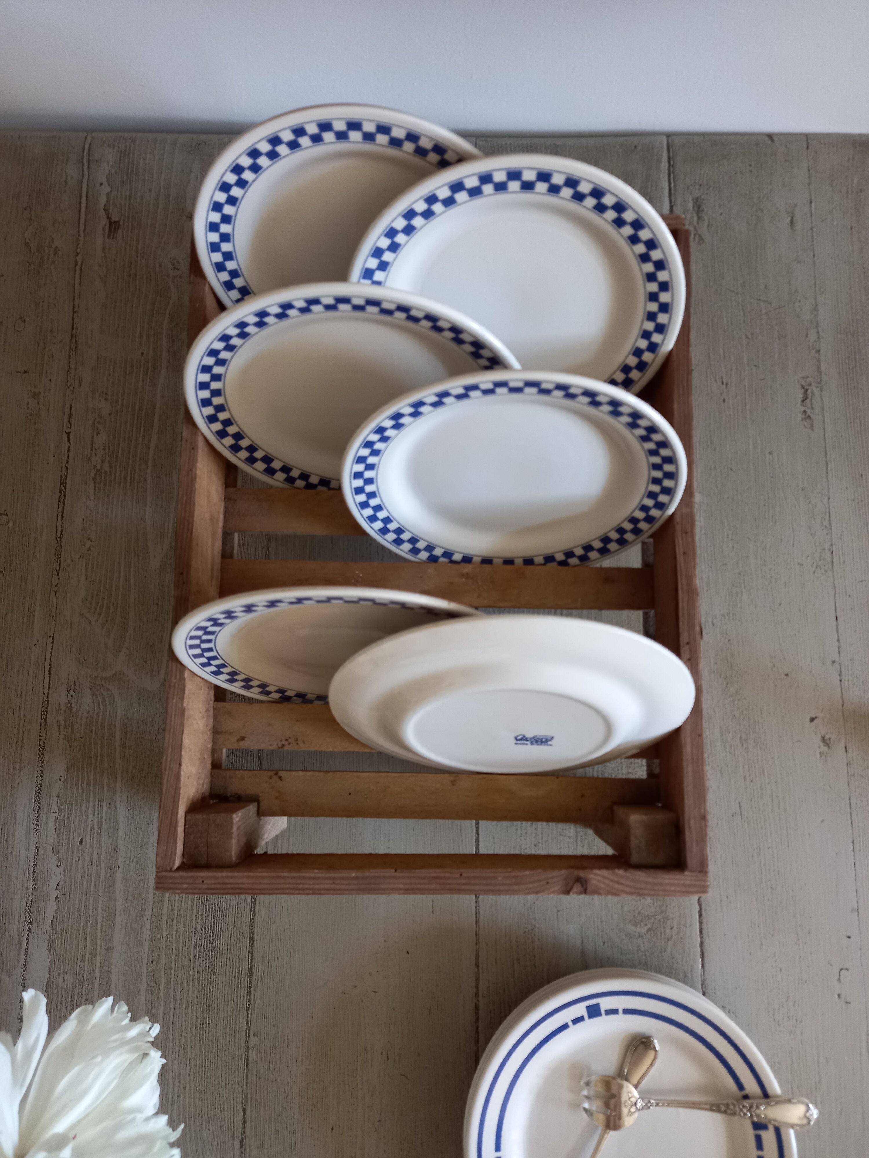 6 dessert plates blue checkerboard décor style Lustucru Oxford Brazil