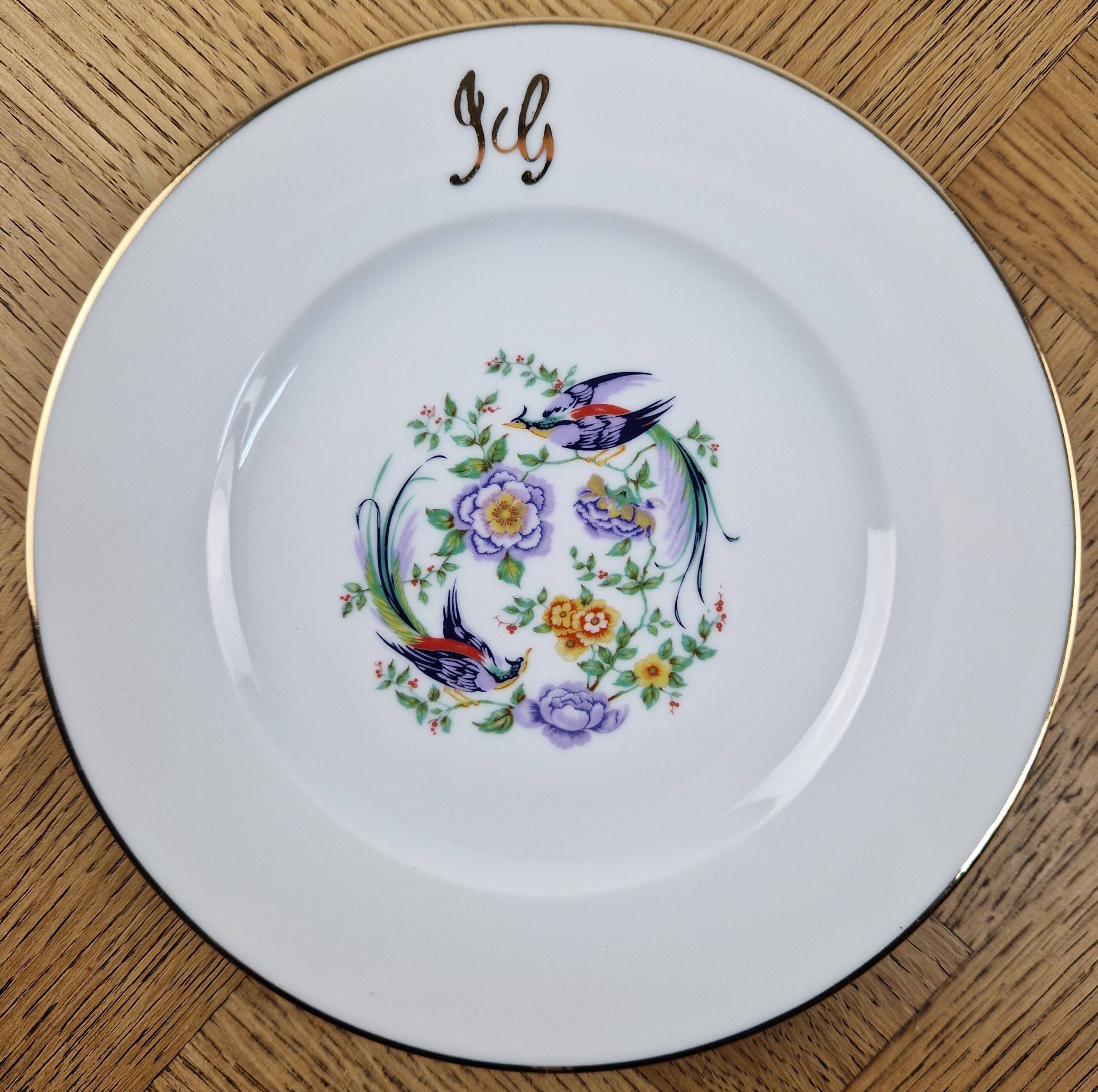 Set of 6 vintage dessert plates Limoges porcelain paradise bird