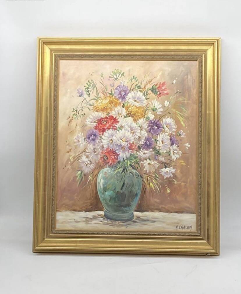 Oil on canvas bouquet of flowers signed Nicole Chalon