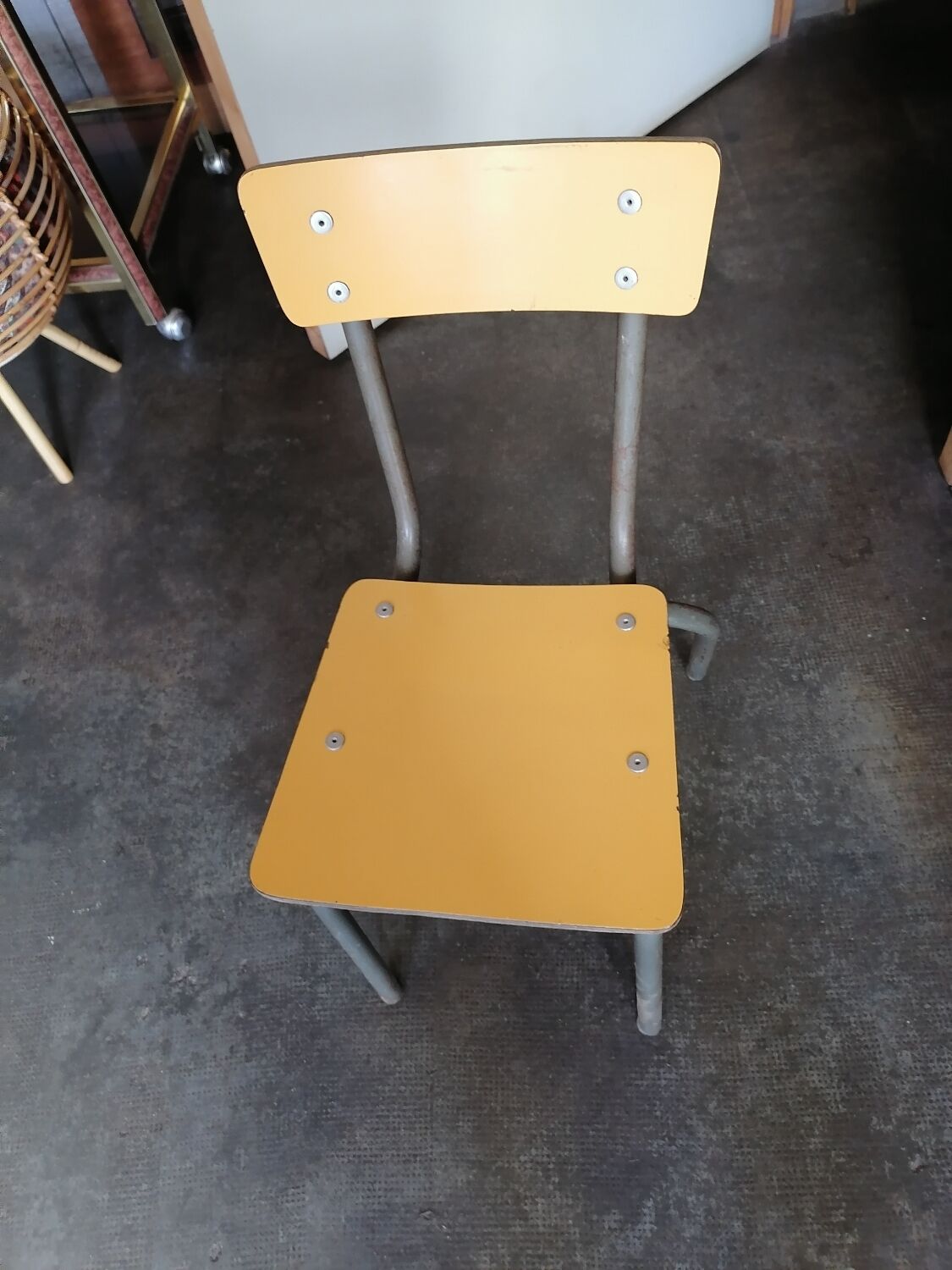 Small school chair 1950s yellow formica tube