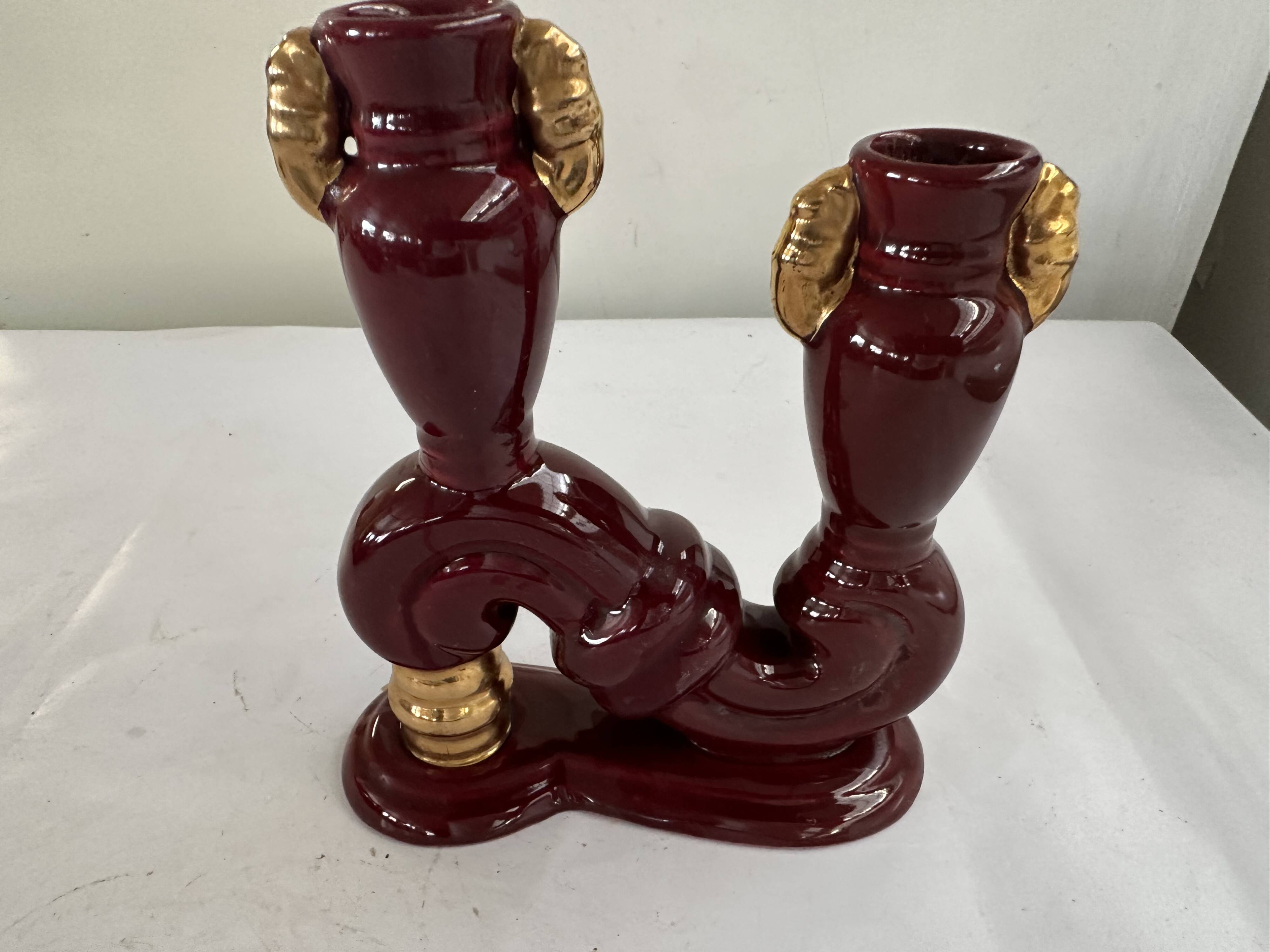 Bordeaux and Gold glazed earthenware candlestick attributed to Vallauris, 1950s