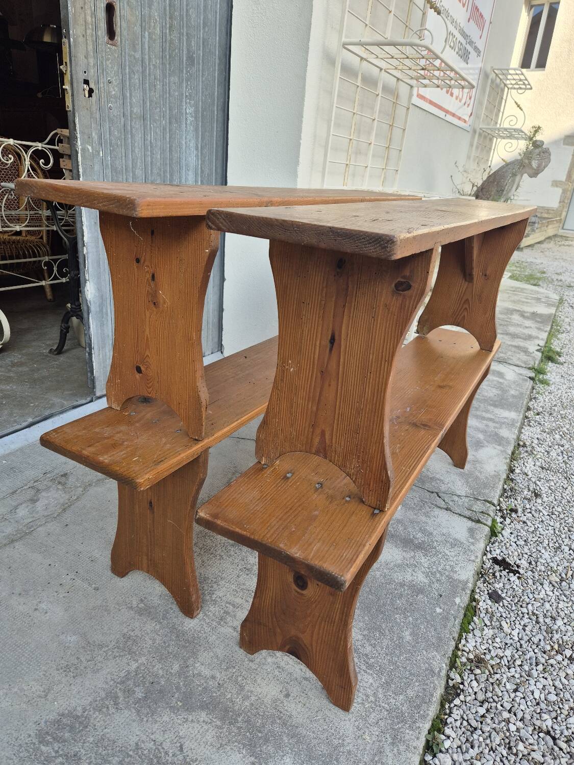 Set of 4 farm benches in old fir 1950s - 1m30