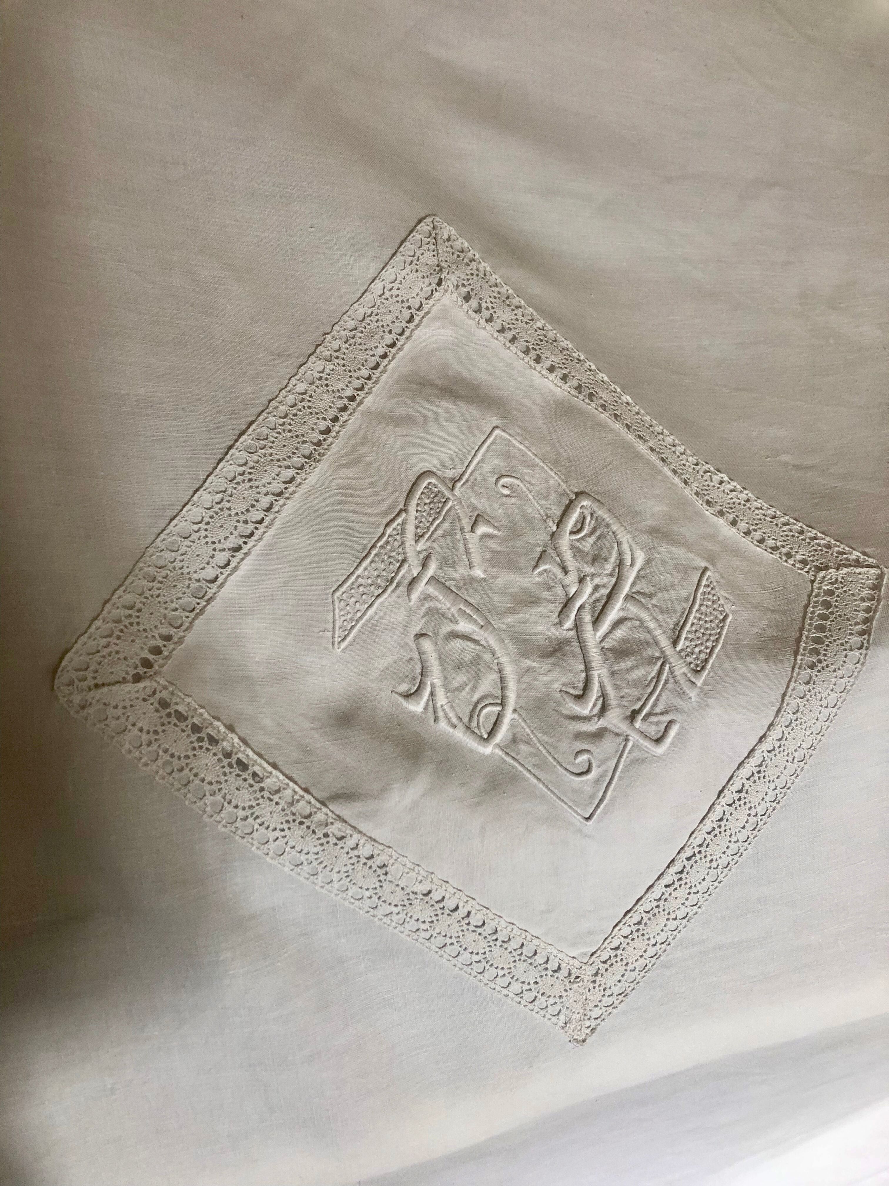 Antique linen, tablecloth, central monogram SR