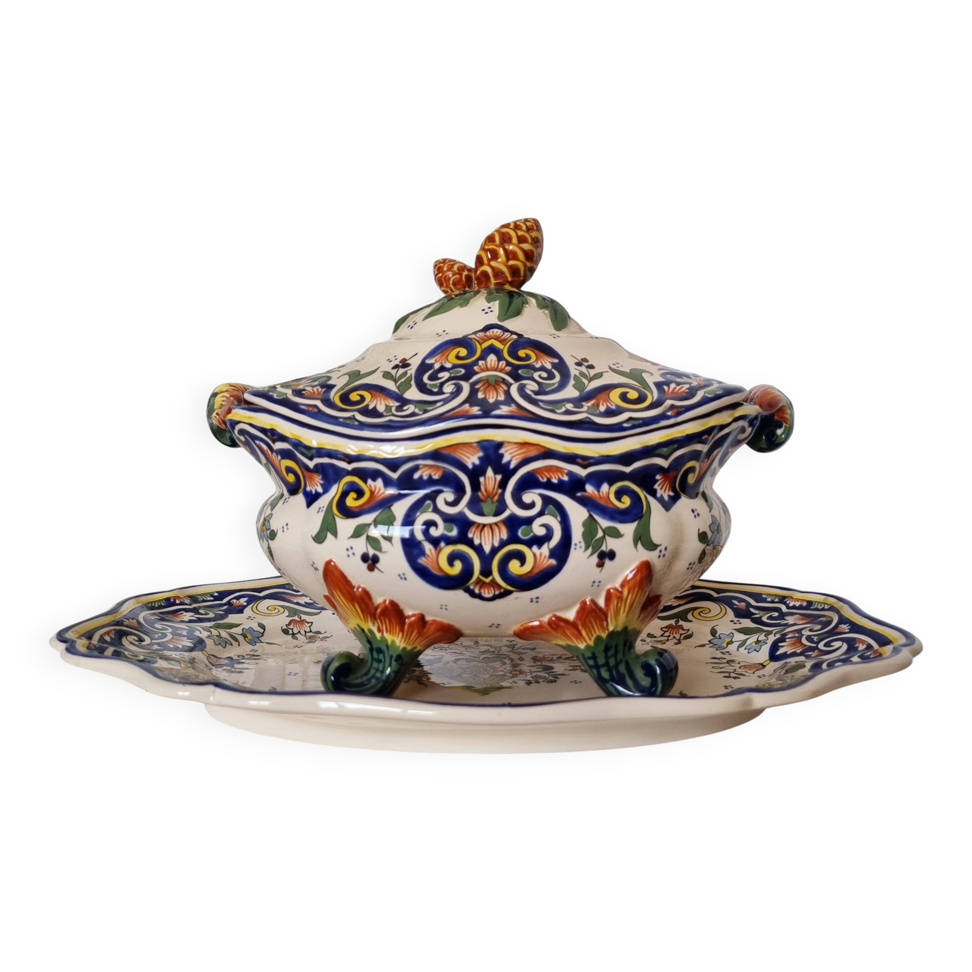 Vintage Rouen porcelain soup tureen with underplate, hand-painted