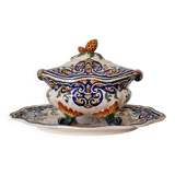 Vintage Rouen porcelain soup tureen with underplate, hand-painted