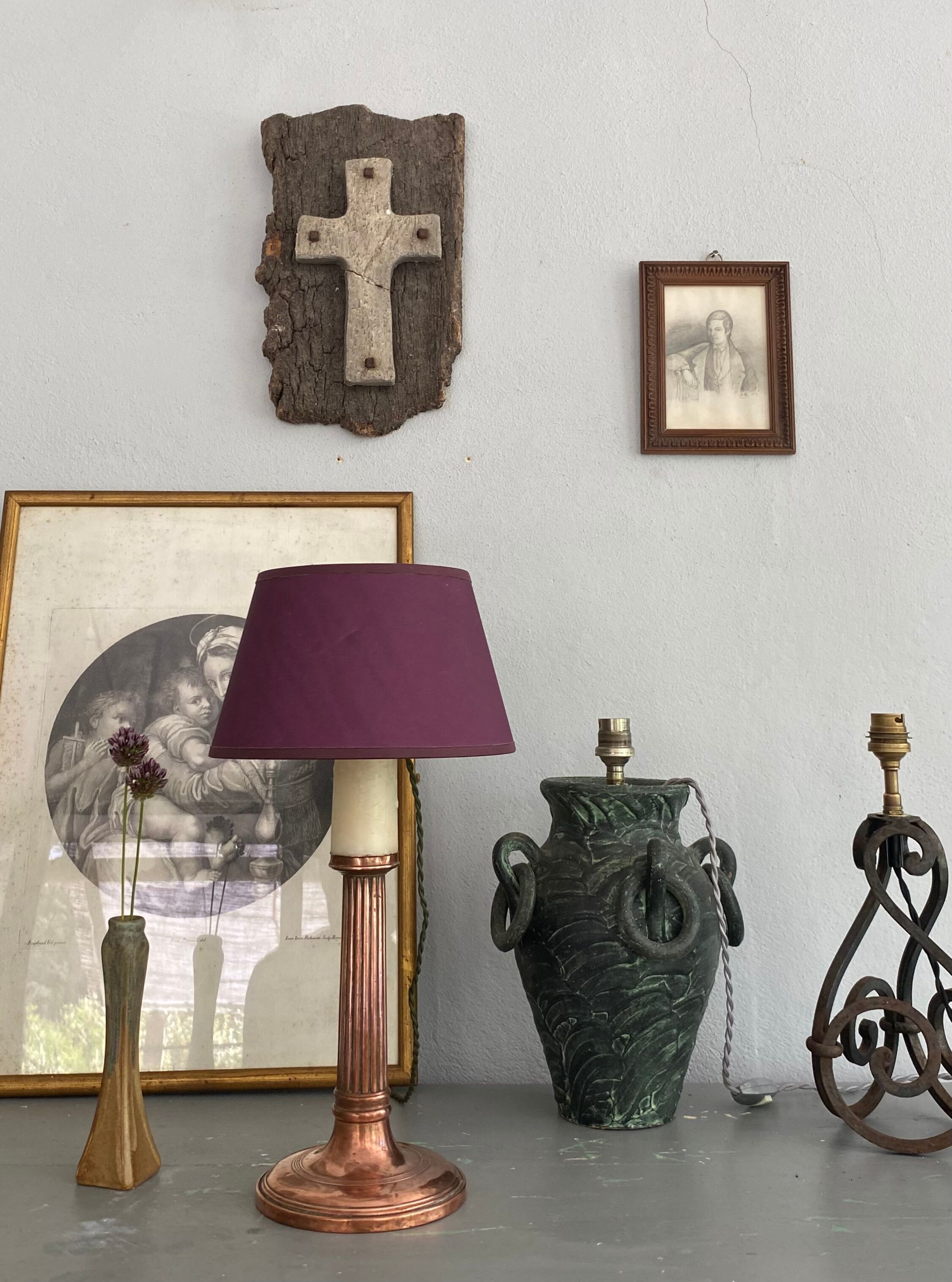 Copper lamp, cable 2 m, fabric shade