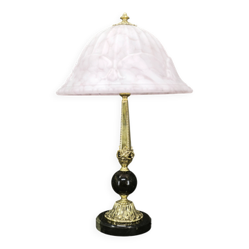 French Art Nouveau Brass, Marble and Opaline Glass Table Lamp, 1920s