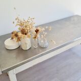 Antique work table in patinated white wood and zinc top - workbench
