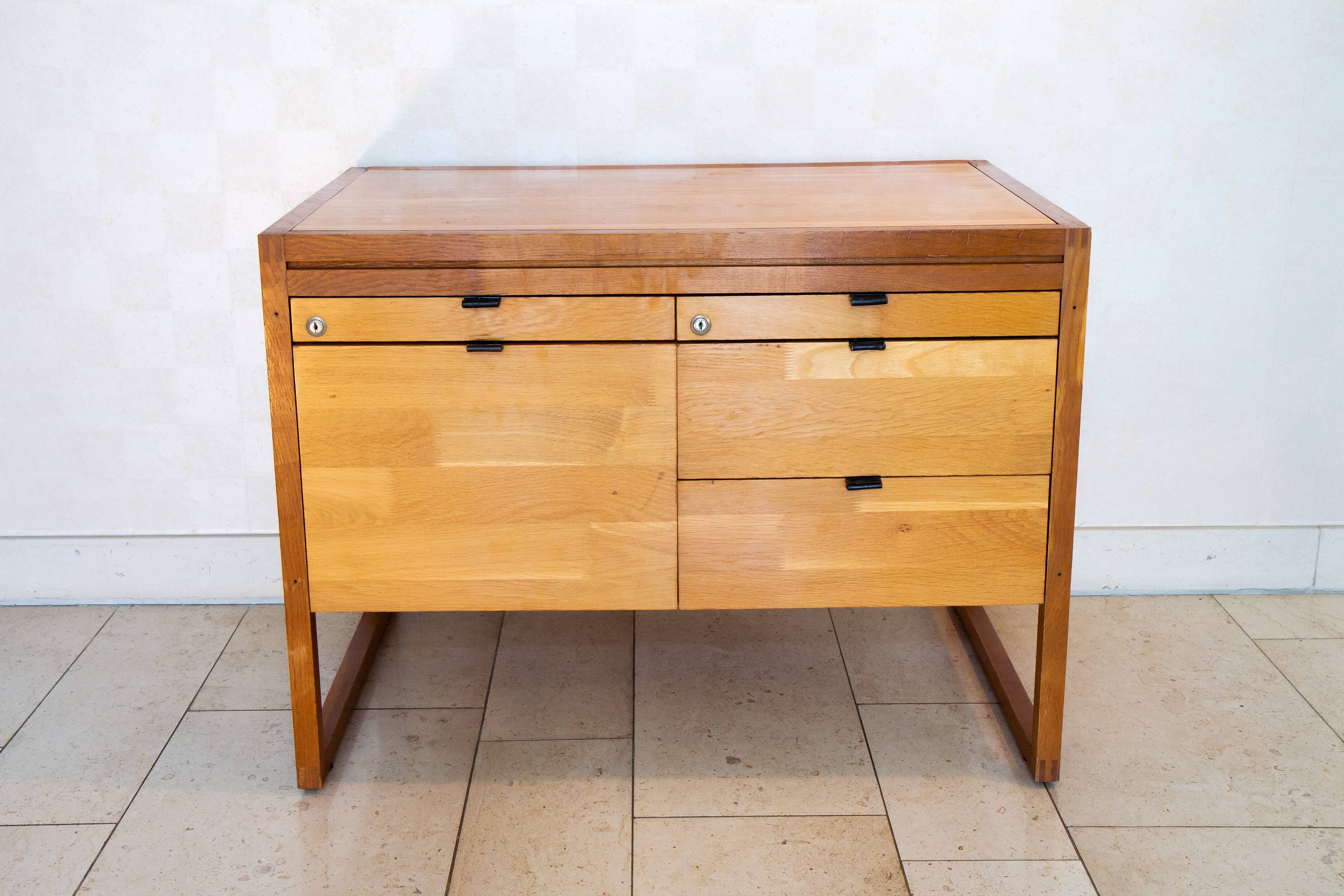 Scandinavian storage unit, solid wood and leather