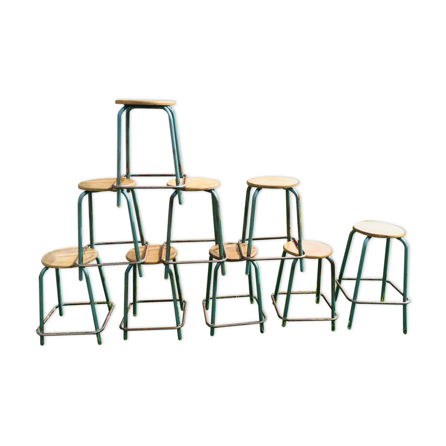 Set of 9 green / blue chains industrial stool years '50s including 8 low and a top