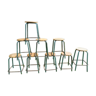 Set of 9 green / blue chains industrial stool years '50s including 8 low and a top