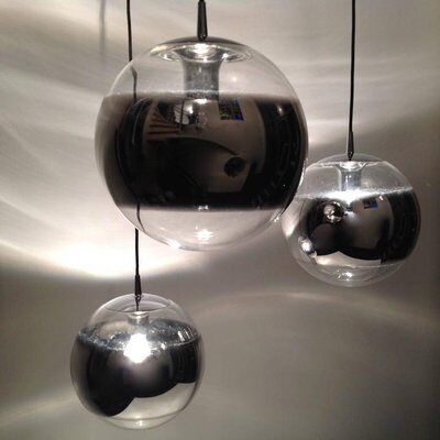 Set of 3 Mirror Glass Globe Suspension Lamps, 1960s