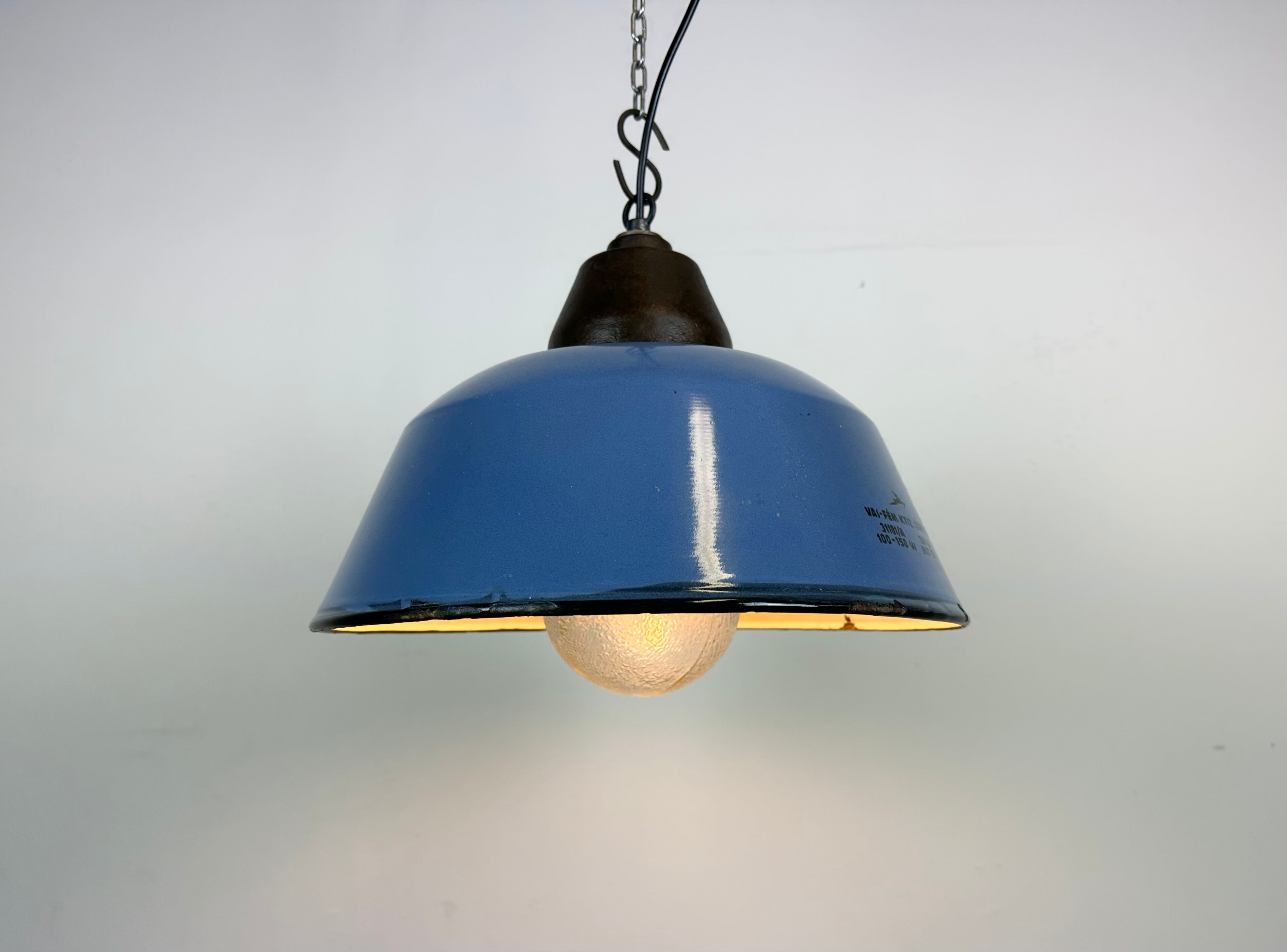 Industrial Blue Enamel and Cast Iron Pendant Light with Glass Cover, 1960s