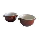Set of 2 bowls or containers in glazed glazed stoneware with ears Vintage Folk Art