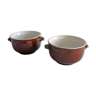 Set of 2 bowls or containers in glazed glazed stoneware with ears Vintage Folk Art