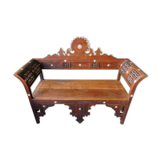 Old syrian wooden bench and mother-of-pearl inlay