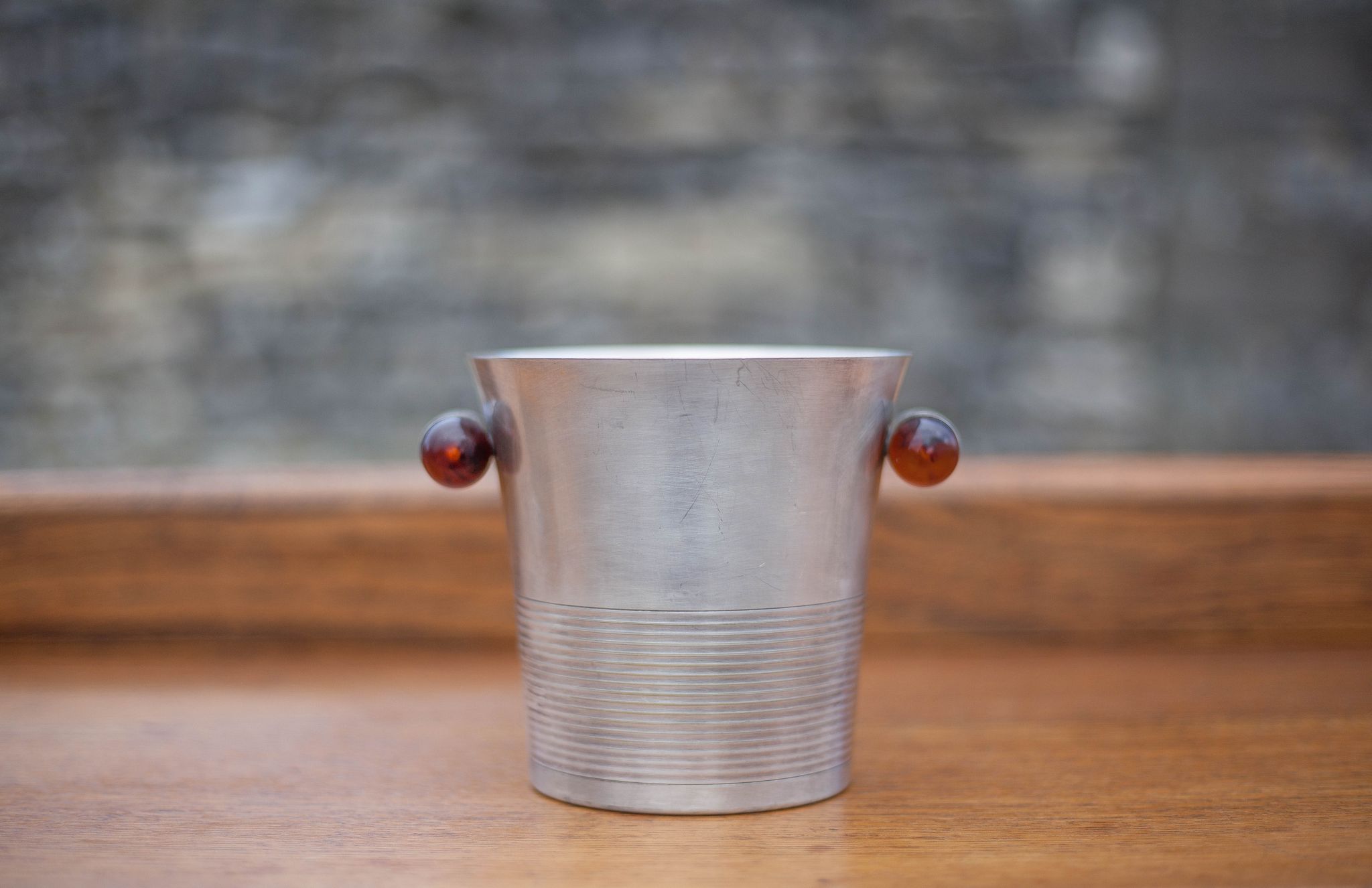 Art Deco ice bucket, silver metal ice bucket Bakelite handles