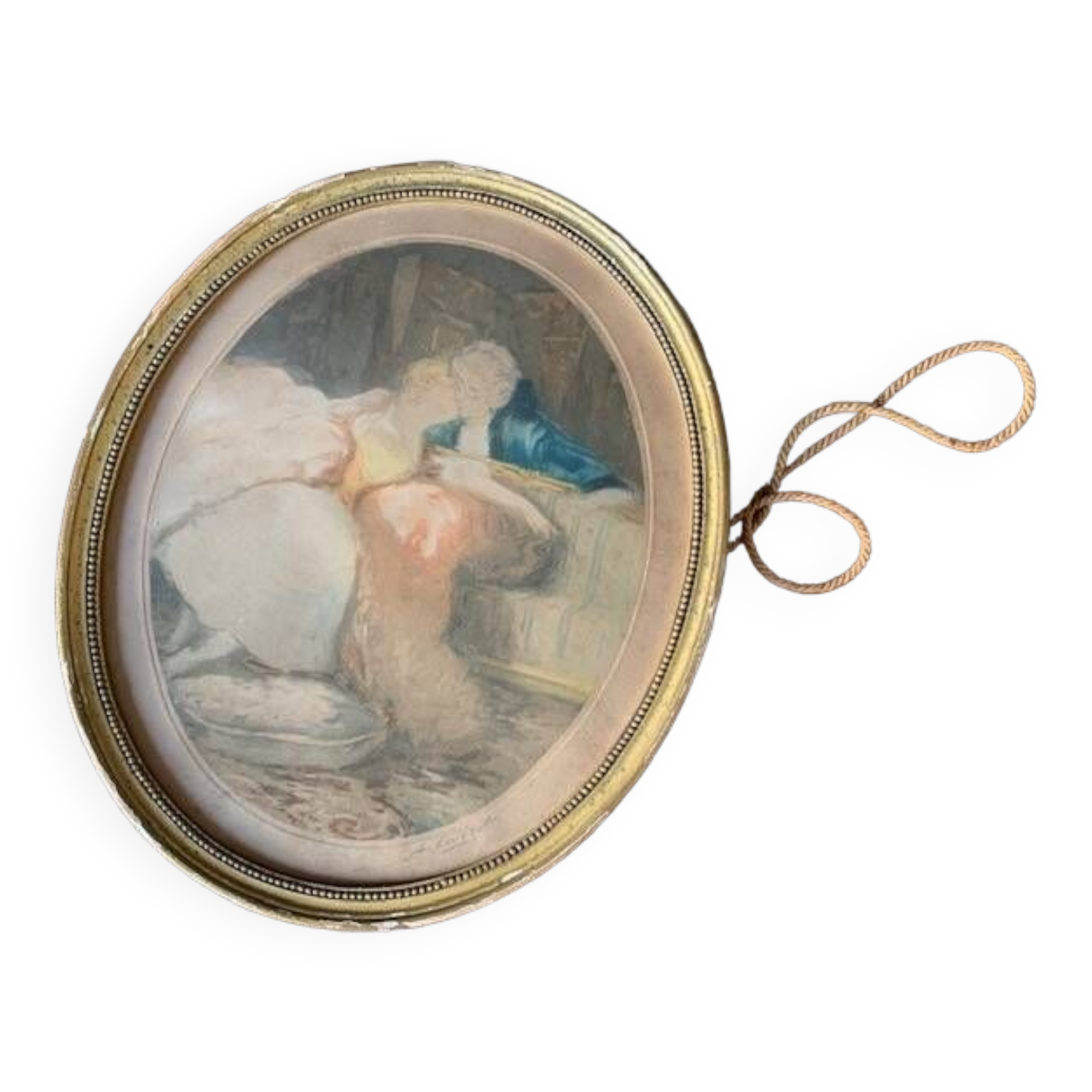 Old romantic engraving, gallant scene from the 19th century, signed, numbered, 1921