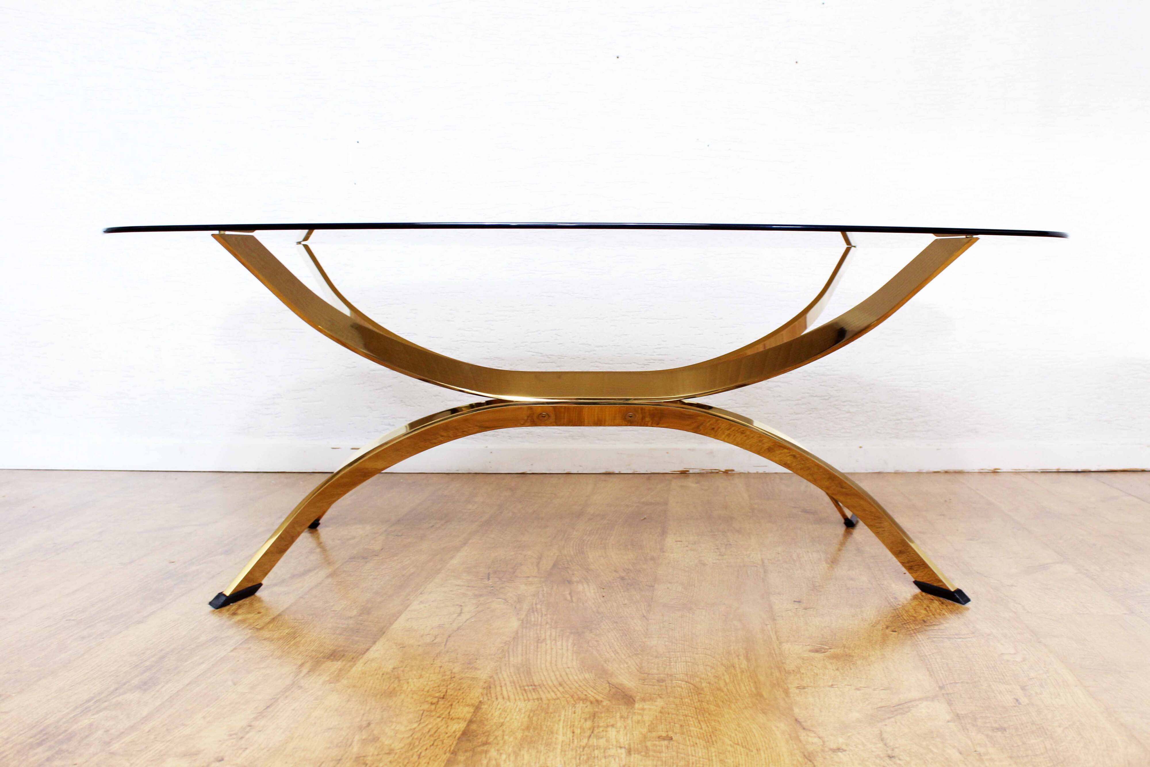 Italian coffee table in smoked glass and brass