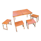 Ancienne valise table et tabourets pique nique bois vintage