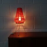 Table lamp with raffia shade on a tripod frame, mid-century lighting