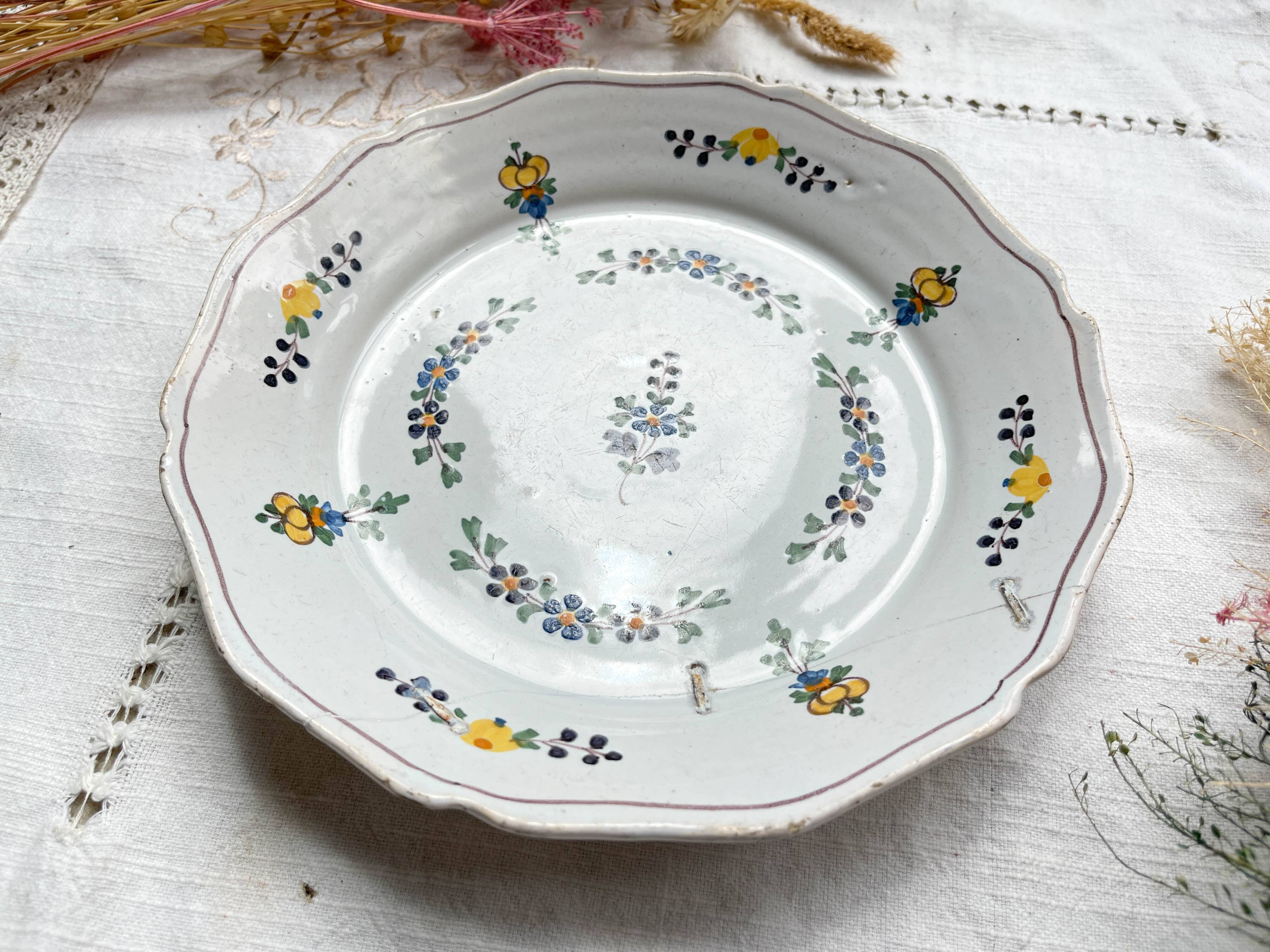 Antique French Earthenware Plate 18th Century NEVERS Small Blue Flowers