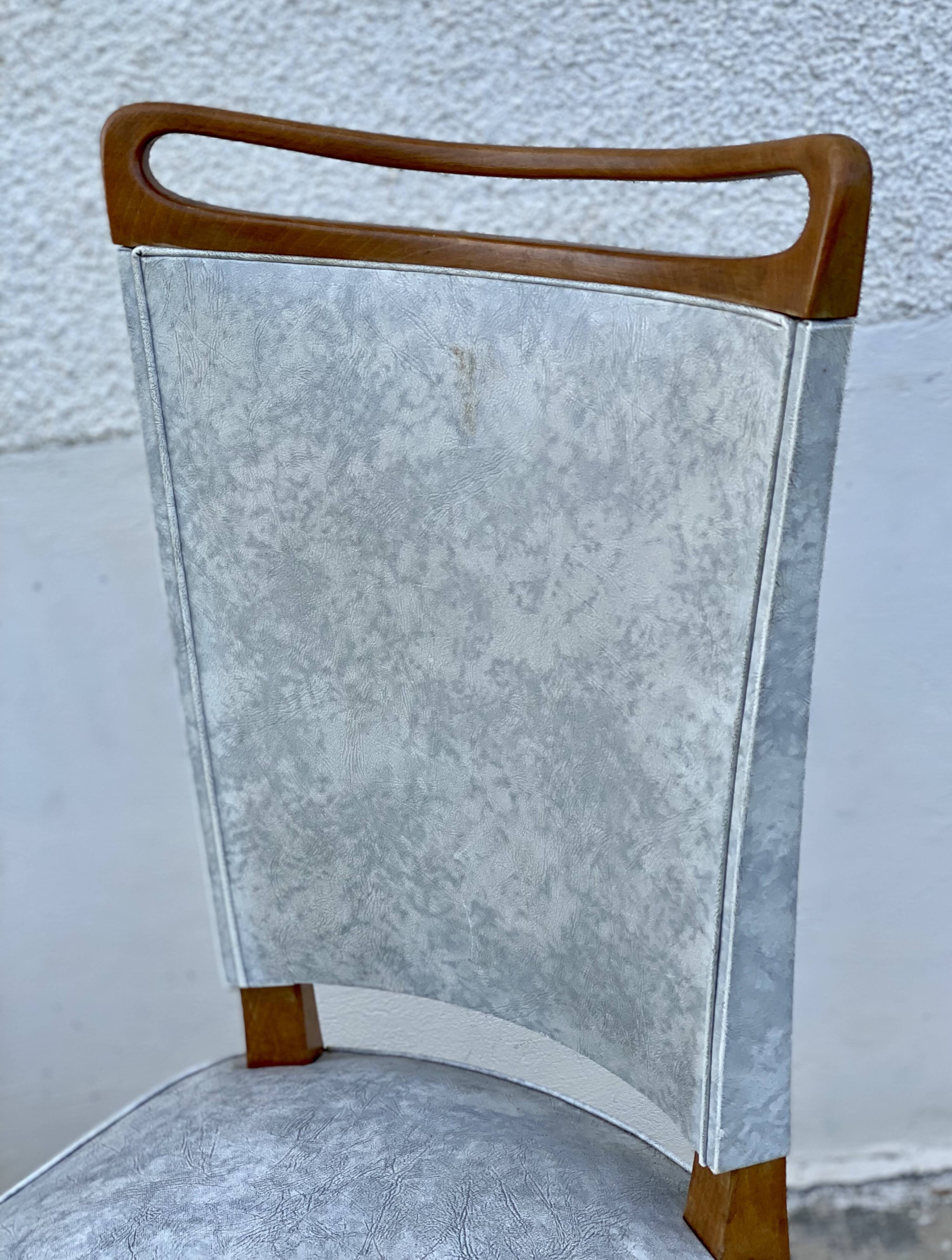 Pair of vintage 1960s compass-legged chairs in wood and white imitation leather