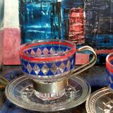 Four vintage coffee cups screen printed glass and metal