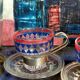 Four vintage coffee cups screen printed glass and metal