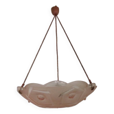 French Art Deco Stamped 1053 Pink Glass Plafonnier Hanging Light Pink Ropes