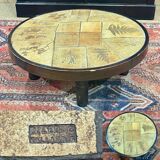 Beech coffee table with ceramic top, herbarium decoration by Raymonde Leduc Vallauris