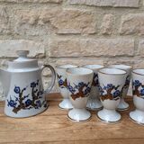 Old coffee service with 6 mazagrans and coffee pot with blue floral decoration