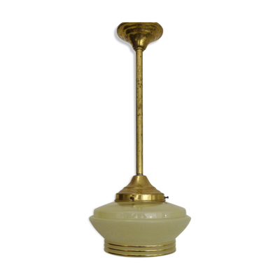 Suspension globe jaune granité, liseré doré abat jour ancien art déco. Année 50