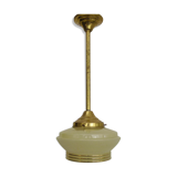 Suspension globe jaune granité, liseré doré abat jour ancien art déco. Année 50