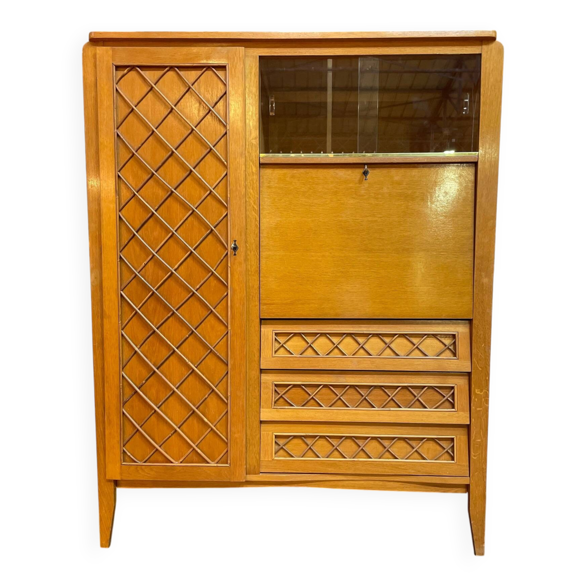 Armoire, secrétaire, commode en bois et rotin, années 1960