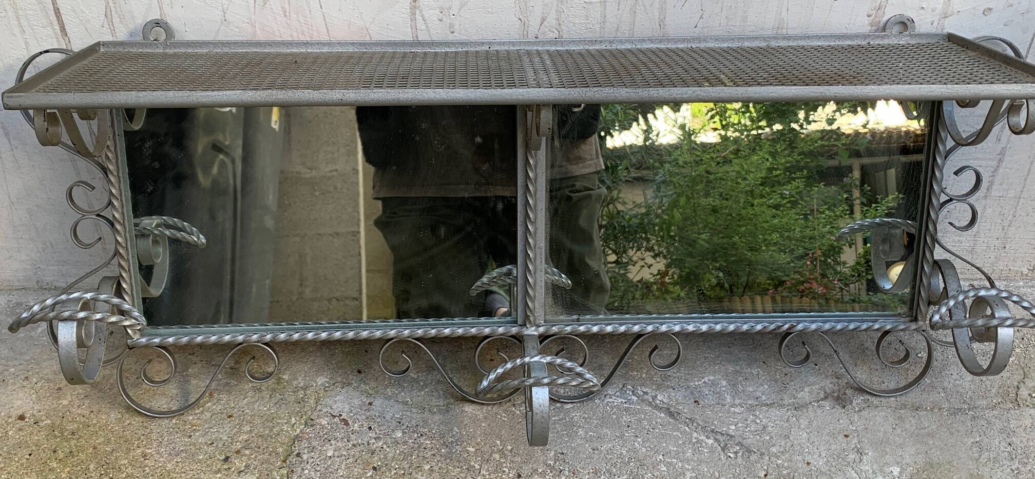 Wall coat rack, wrought iron hook with vintage mirror.