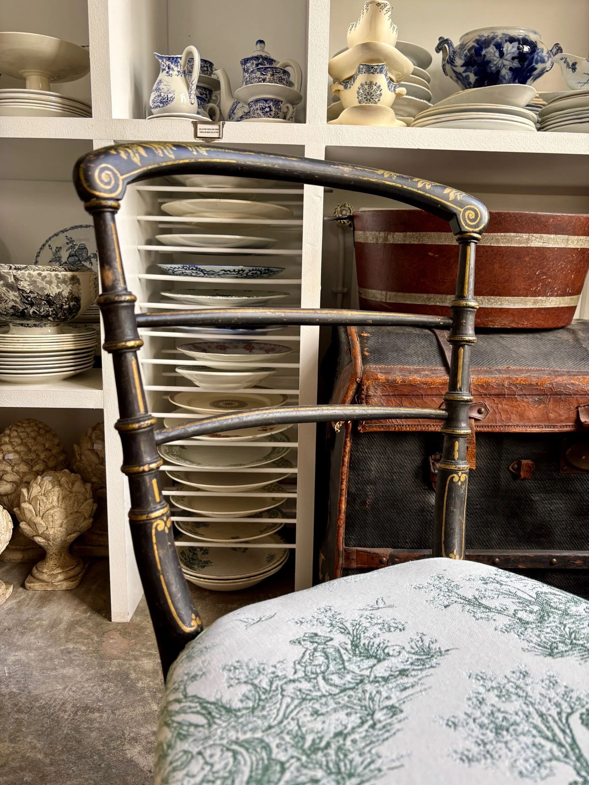 Napoleon III chair in blackened wood and green toile de Jouy.